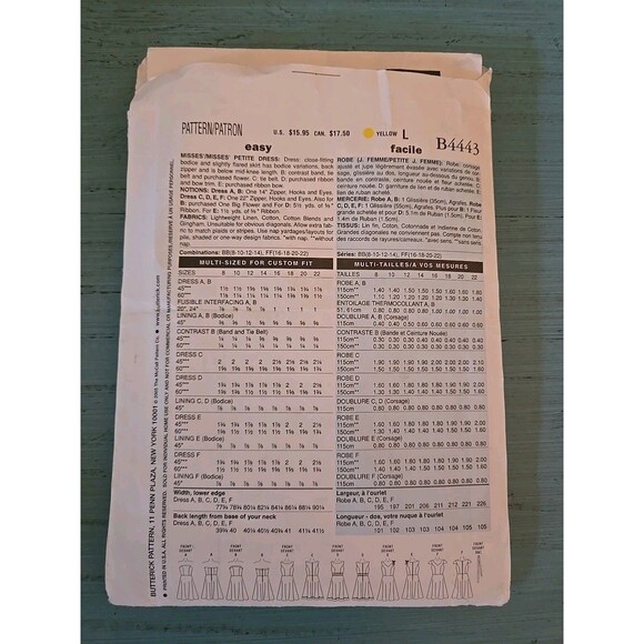 Butterick B4443 Pattern Misses' Petite Dress Close Fitting Flared FF 16-22 Cut - Picture 3 of 3